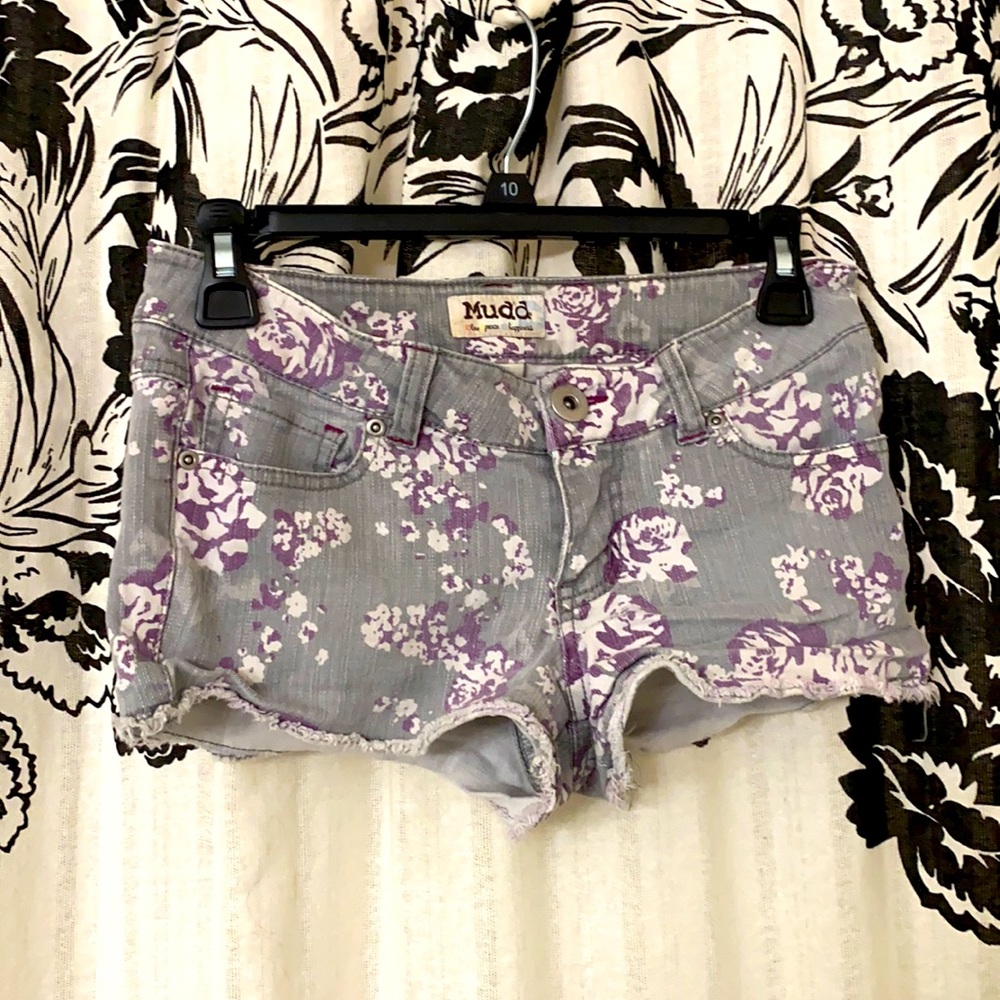 Mudd grey and purple jean shorts with frayed ends and floral pattern